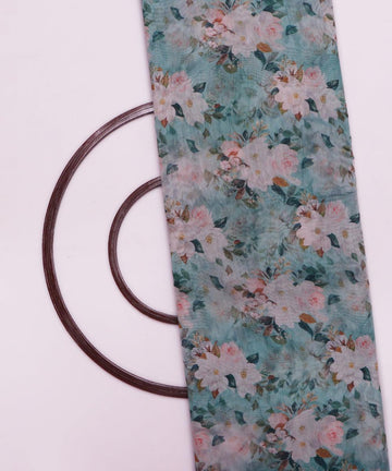 light blue and light pink floral chanderi digital print fabric